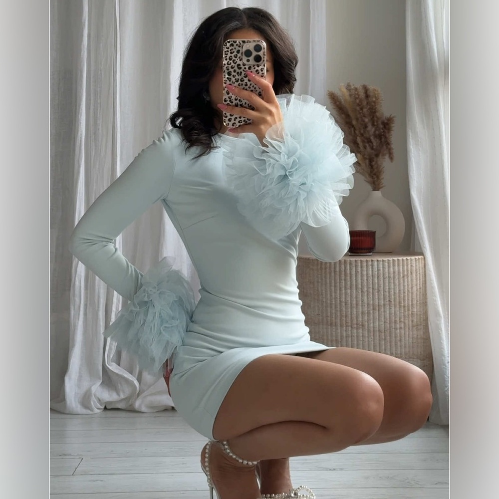 Zara Pastel Blue Short Tulle Cuff Volume Dress